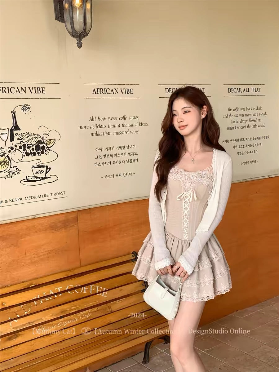 Get trendy with [Mummy Cat] Boîte à musique de ballet lace mini dress and cardigan set - Skirt Suits available at Peiliee Shop. Grab yours for $50 today!