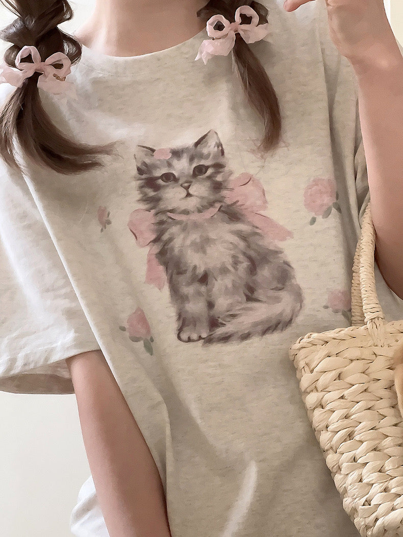 Get trendy with Rose Kitty Cotton T-shirt Top - Sweater available at Peiliee Shop. Grab yours for $16 today!