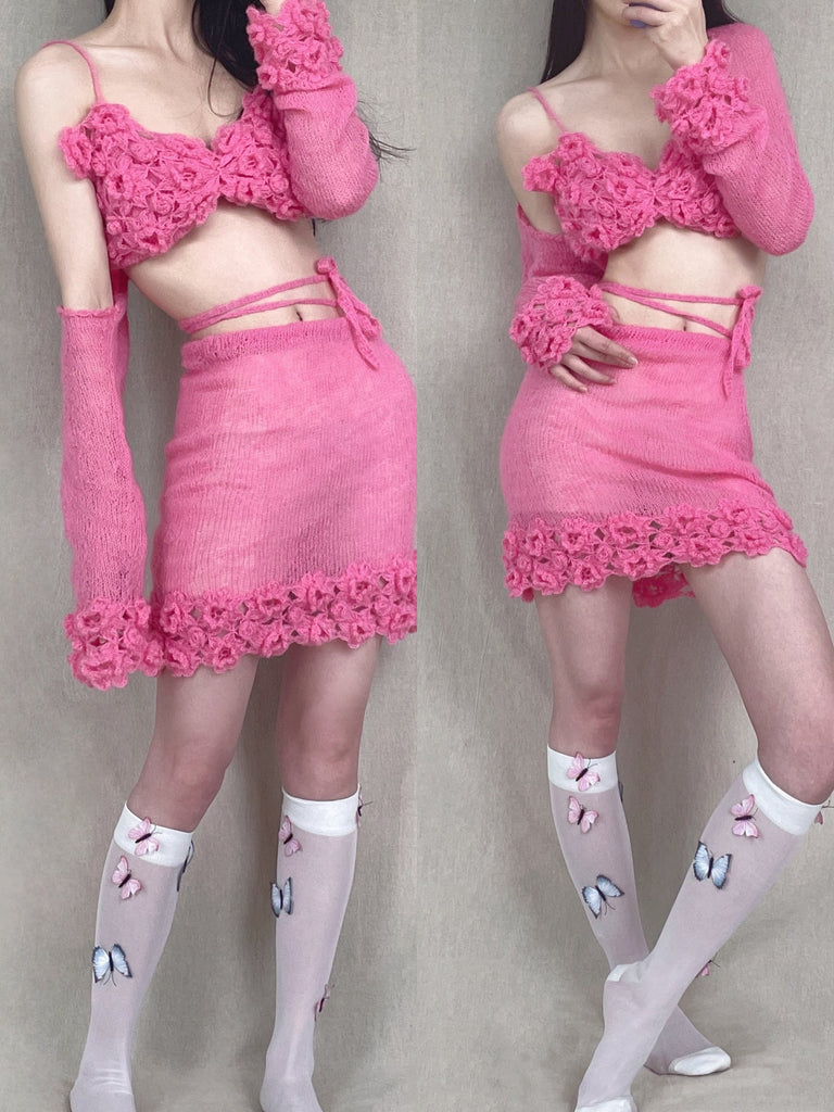 Get trendy with [Tailor Made] Raspberry Blush Hand Knitted Bikini Style Top Skirt Cardigan Set -  available at Peiliee Shop. Grab yours for $118 today!