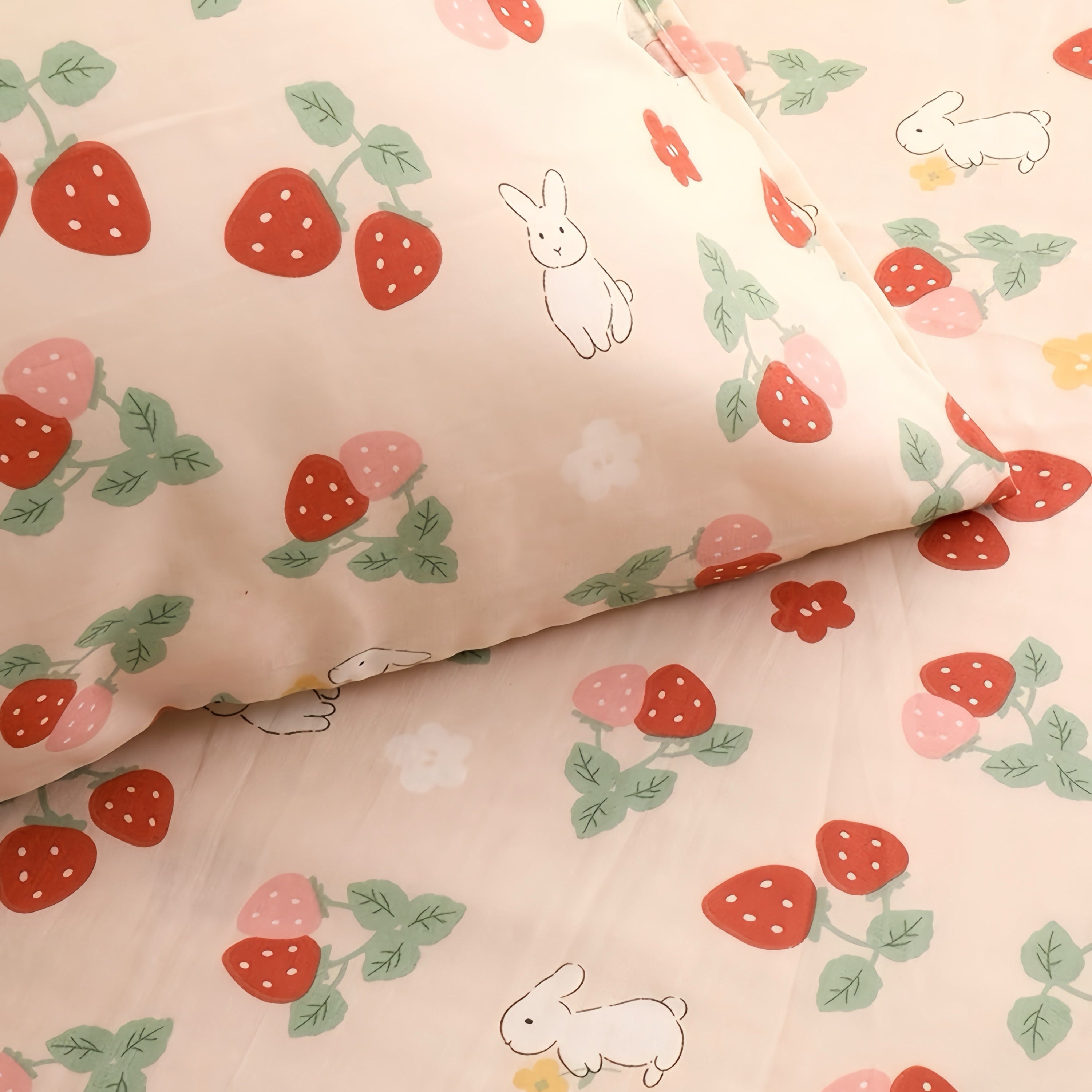 Get trendy with Strawberry Bunny Cotton Pillow Case -  available at Peiliee Shop. Grab yours for $9.90 today!