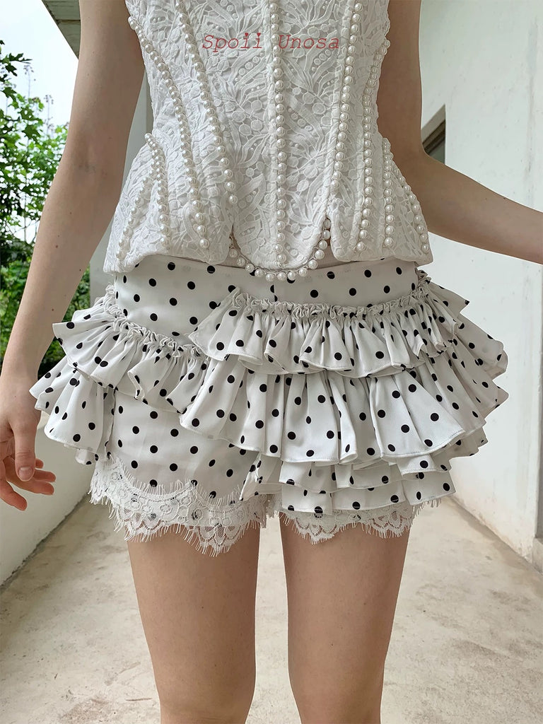 Get trendy with [SPOII UNOSA] Pearl Elegance Polka Mini Skirt -  available at Peiliee Shop. Grab yours for $55 today!