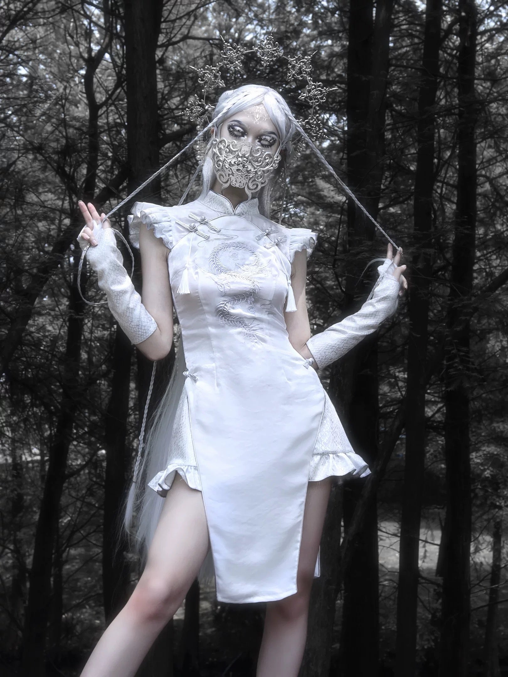 Get trendy with [Blood Supply] Silver Dragon With White Walker Qipao Style Mini Dress - Romper available at Peiliee Shop. Grab yours for $58 today!