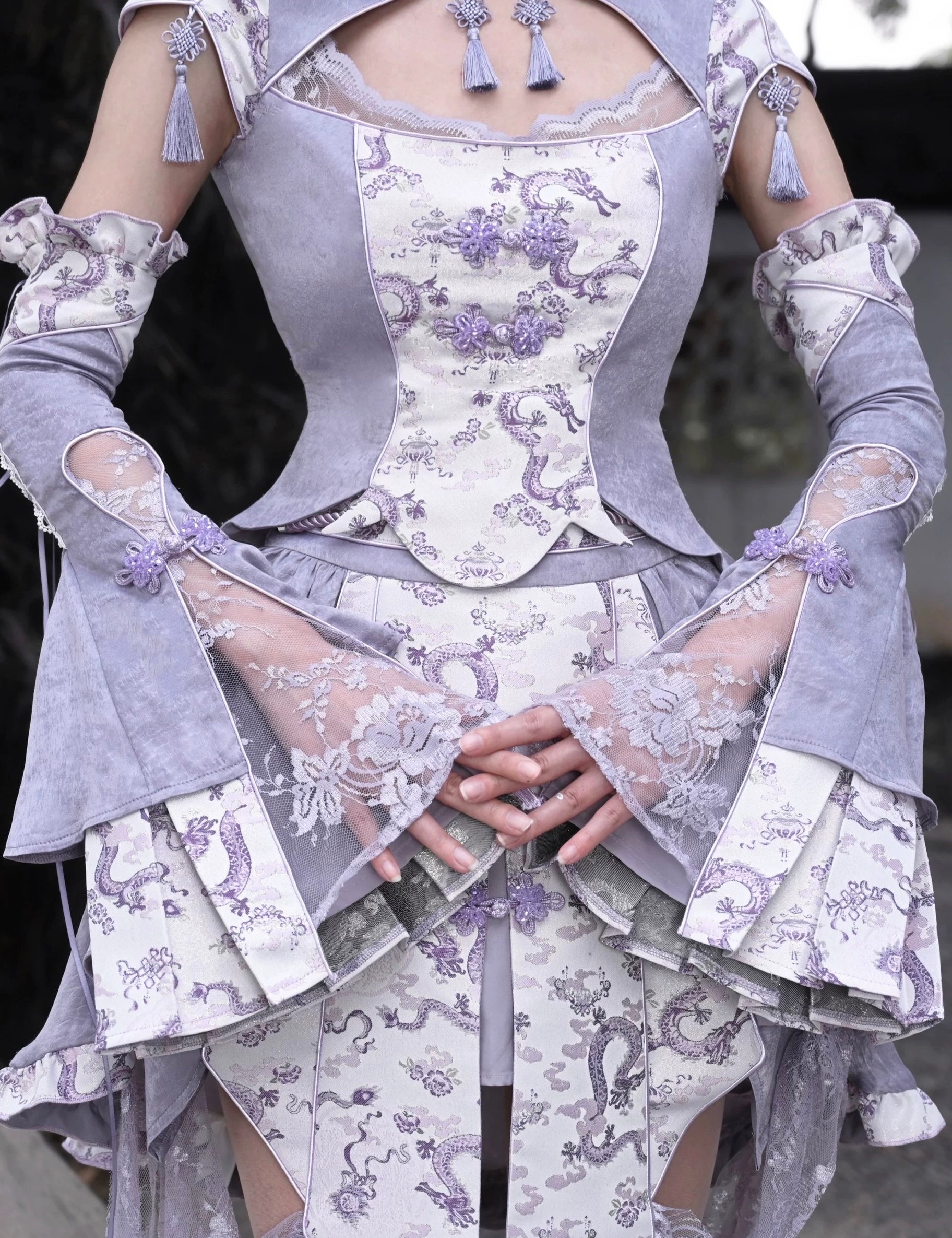 Get trendy with [Blood Supply] Dragon In Wisteria Japanese Princess Sleeves - Crop Top available at Peiliee Shop. Grab yours for $36 today!