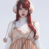 Rose Island Fairy Spirit Little Deer in flower field faux fur earmuffs ear warmer wear it on model front view