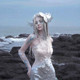 [Blood Supply] Silver Song Of Siren Mermaid Illusion Halter Maxi Dress