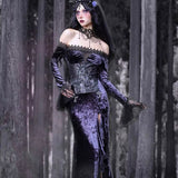 Get trendy with [Blood Supply]Moon Goddess Off-Shoulder Velvet Halloween Long Dress - Clothing available at Peiliee Shop. Grab yours for $56 today!