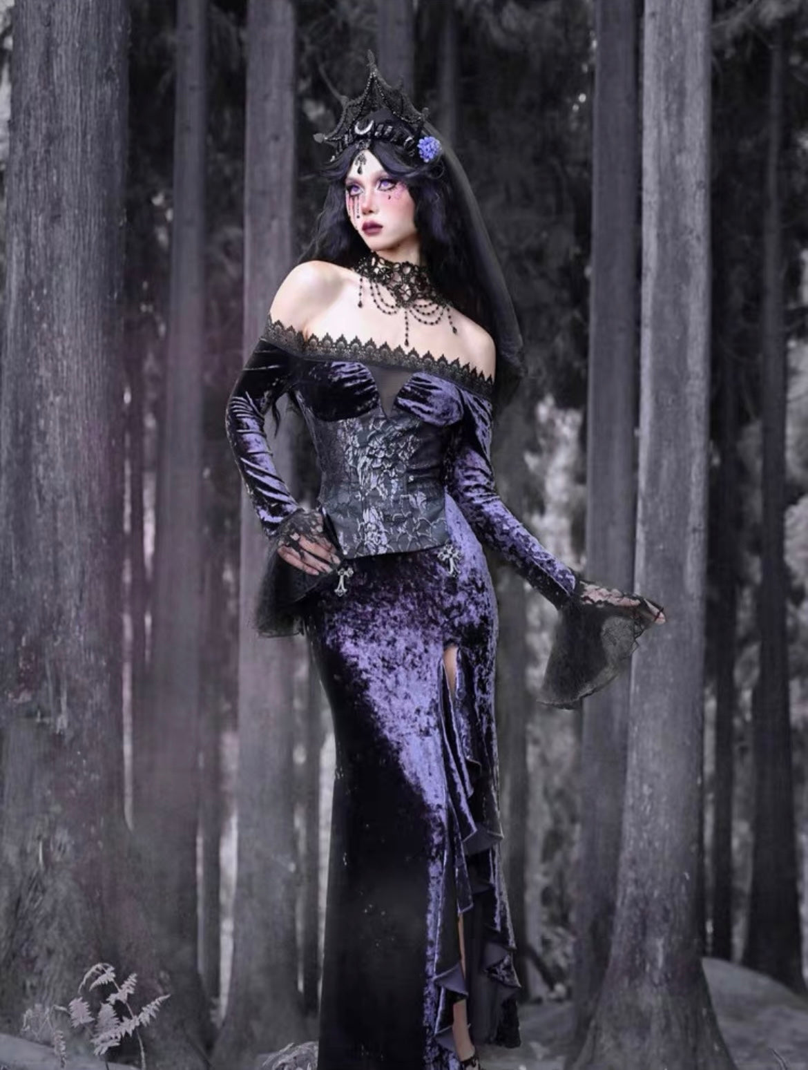 halloween long dresses Plus Size Halloween Gothic Black Mesh Fringe Maxi Dress