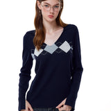 Reabobo Argyle Knit V-Neck Sweater