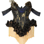 Black and gold corset with floral details on a white background