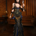 Person in a detailed, ornate dress holding a glass in a dimly lit room.