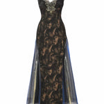 Black lace evening gown with sheer overlay on a white background