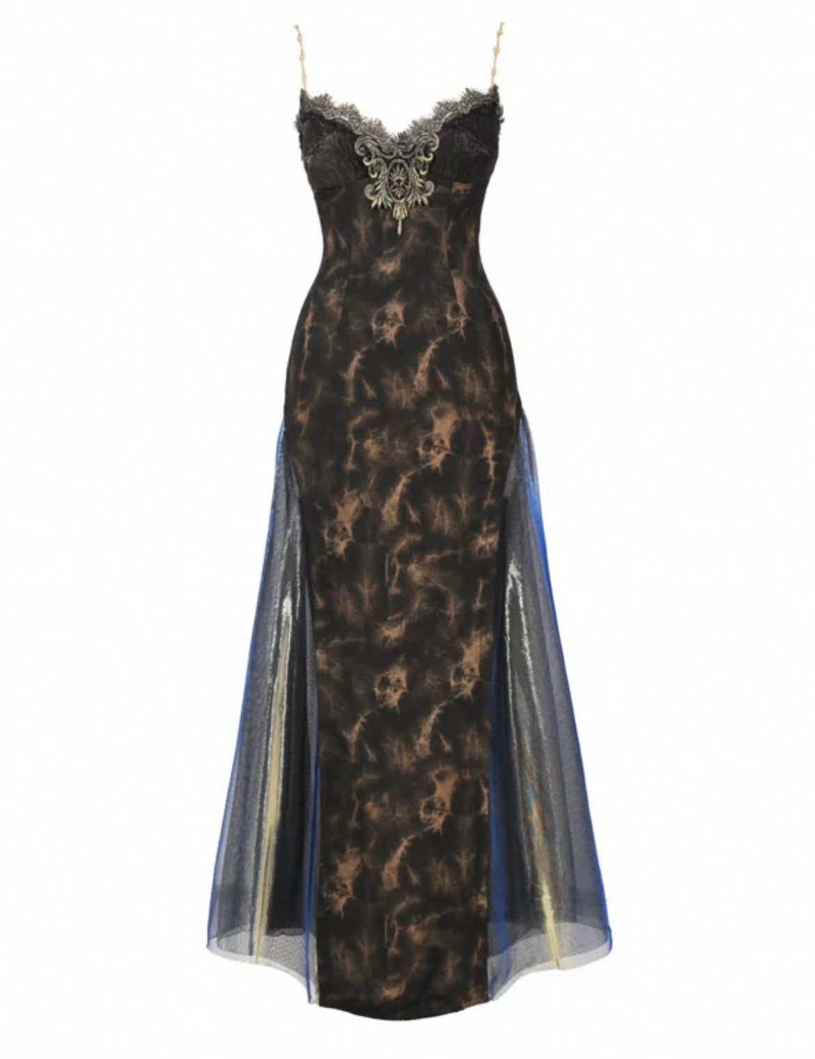 Black lace evening gown with sheer overlay on a white background