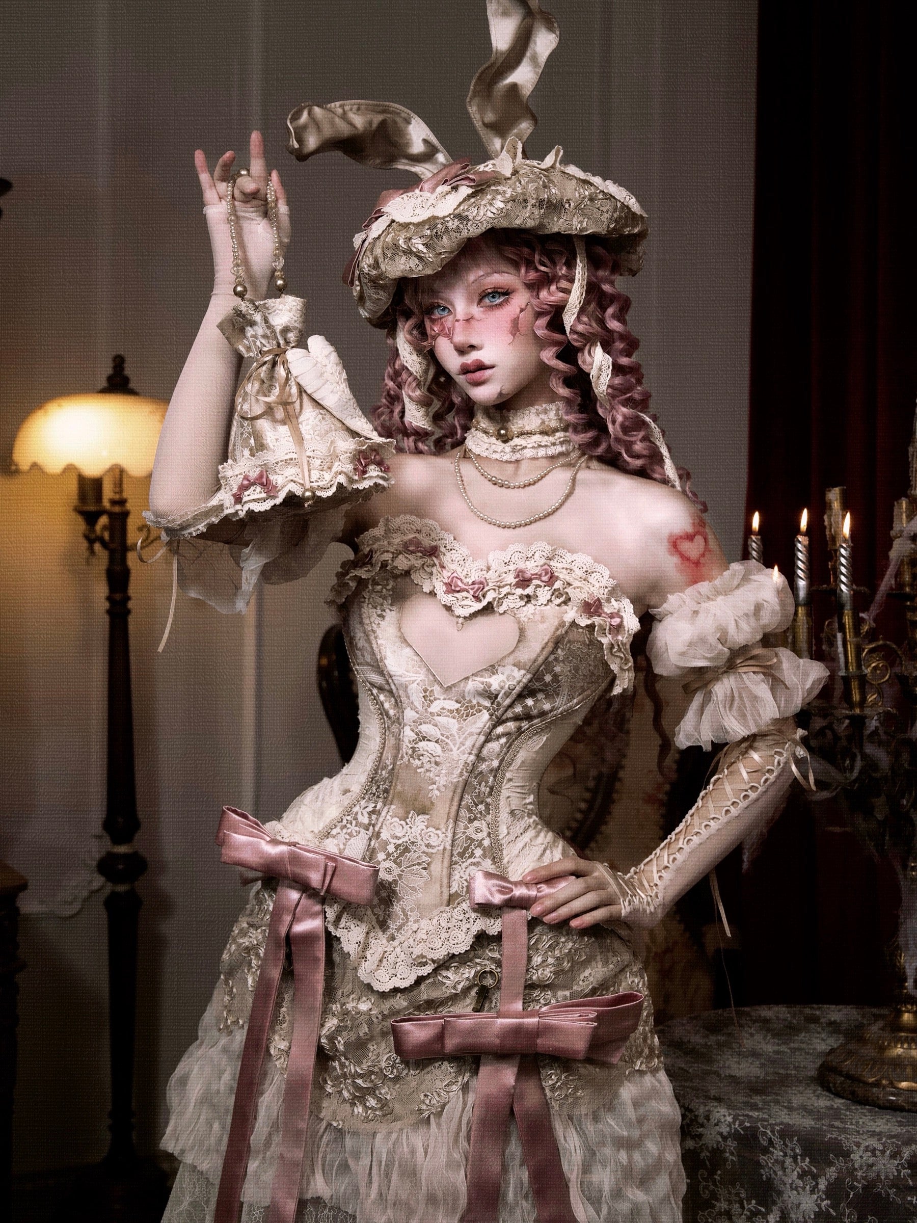 woman in an elaborate vintage-style costume with gothic fashion style corset on. for halloween cosplay.