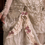 Close-up of a decorative garment with lace and ribbons