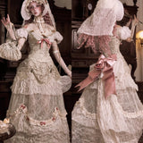 Detailed Victorian-style dress with lace and floral embellishments in a vintage interior setting.
