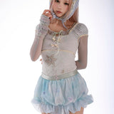 Rose Island Clematis Jellyfish Lace Knit Puff Sleeve Top