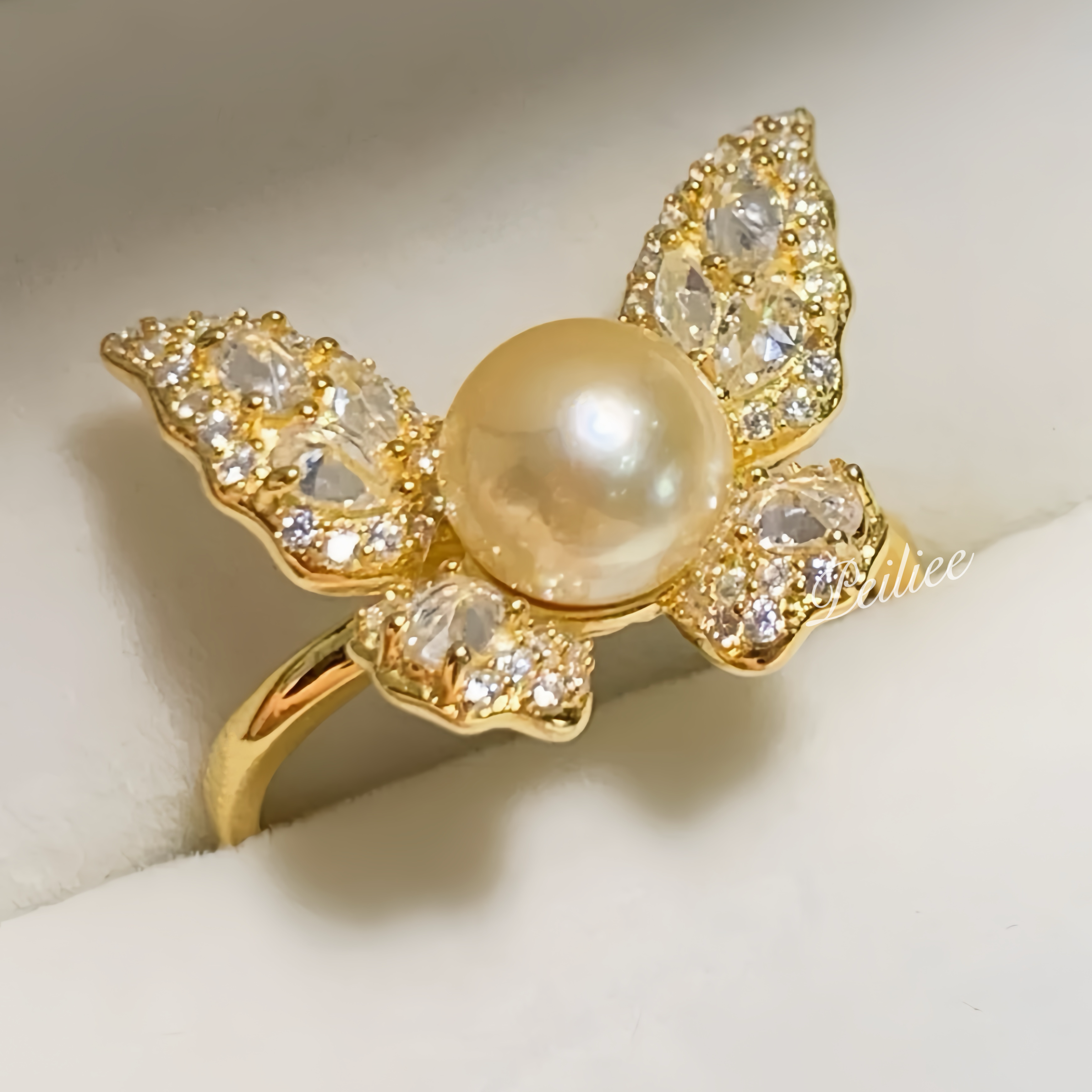 Get trendy with 7-8mm Golden Akoya Pearl Butterfly Dream Ring Japanese Sea Pearl Ring -  available at Peiliee Shop. Grab yours for $99 today!