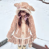 [Rose Island] Deer In Flower Field Faux Fur Coat