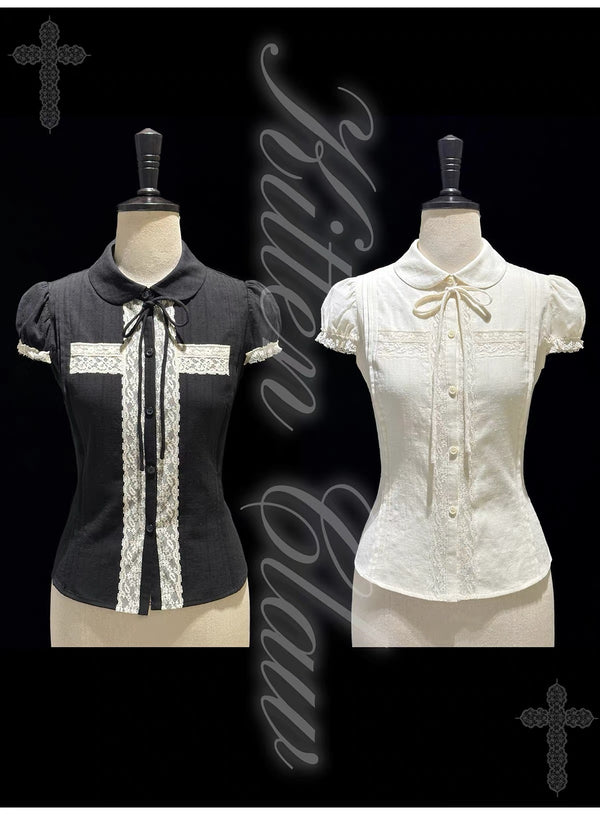 KittenClaw Vintage Lace Cross 100% Cotton Top
