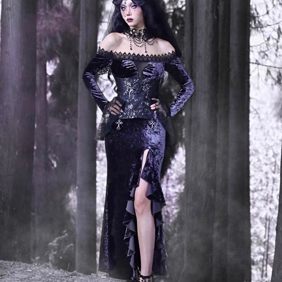 Get trendy with [Blood Supply]Moon Goddess Off-Shoulder Velvet Halloween Long Dress - Clothing available at Peiliee Shop. Grab yours for $56 today!