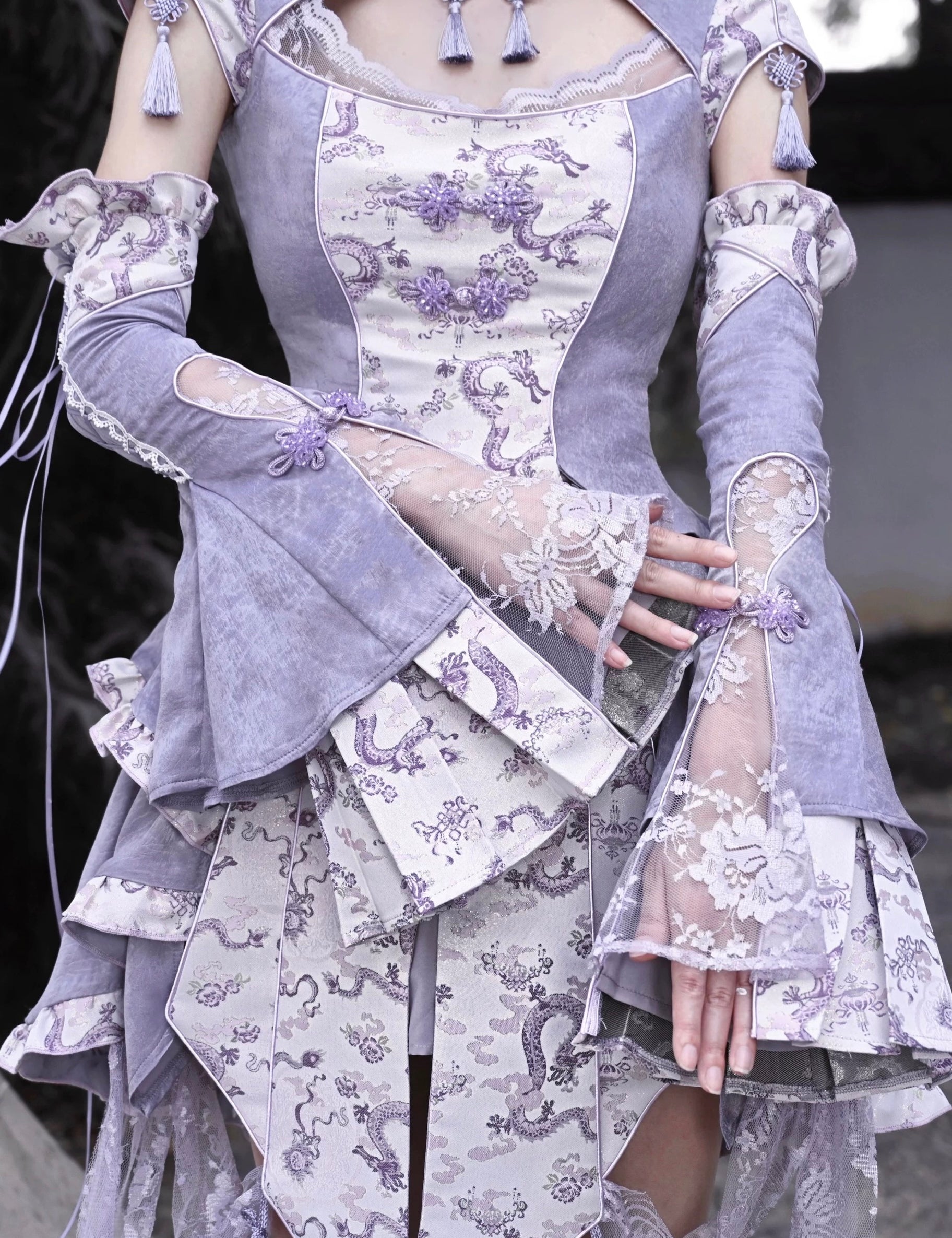 Get trendy with [Blood Supply] Dragon In Wisteria Japanese Princess Sleeves - Crop Top available at Peiliee Shop. Grab yours for $36 today!