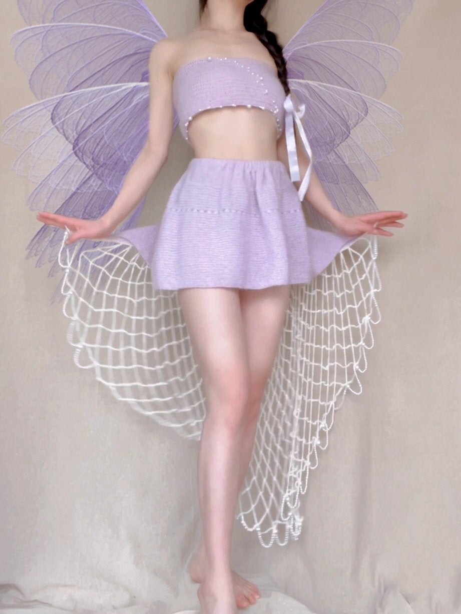 Get trendy with [Tailor Made] Lavender Dream Fairy Style Knitting Set with glass Pearl on bralette and skirt -  available at Peiliee Shop. Grab yours for $118 today!