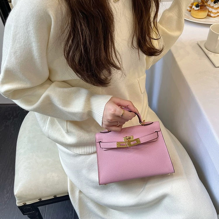 Get trendy with [Race Choice] Barbie Pink Mini Leather Bag in calfskin with embossed leather -  available at Peiliee Shop. Grab yours for $79 today!