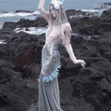 [Blood Supply] Silver Song Of Siren Mermaid Illusion Halter Maxi Dress