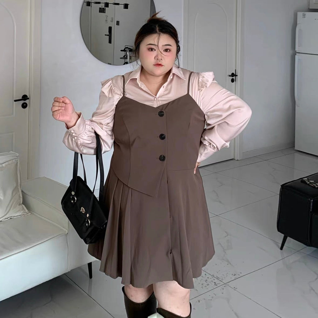 [Curve Beauty]Preppy-Style Mocha Sling Shirt Set(Plus Size 200 lbs) - Premium Dresses from DAJUN - Just $29! Shop now at Peiliee Shop