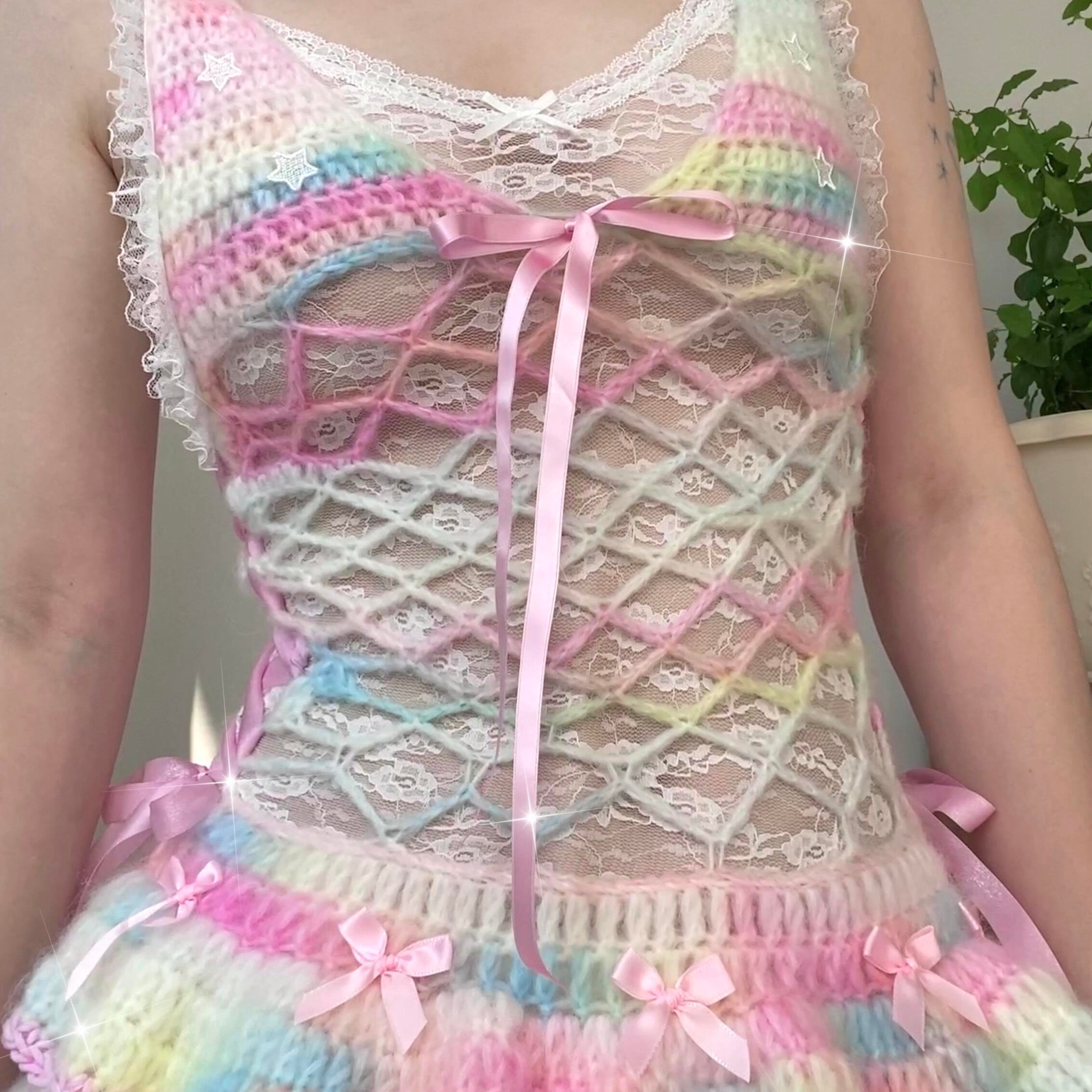 Get trendy with [Customized Hande Sewed] Rainbow Hearts Pastel Knitting Mini Dress -  available at Peiliee Shop. Grab yours for $16.80 today!