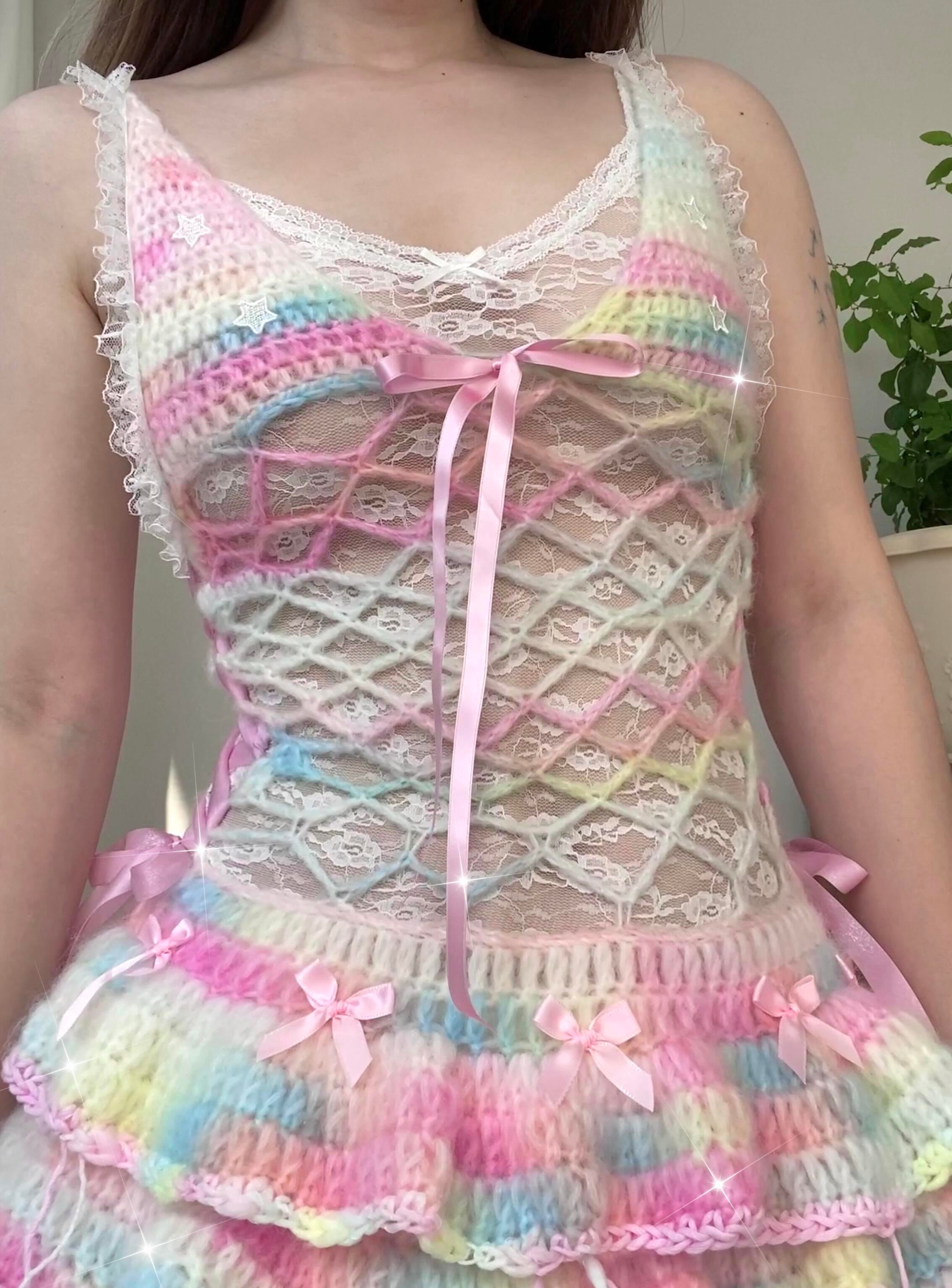 Get trendy with [Customized Hande Sewed] Rainbow Hearts Pastel Knitting Mini Dress -  available at Peiliee Shop. Grab yours for $16.80 today!