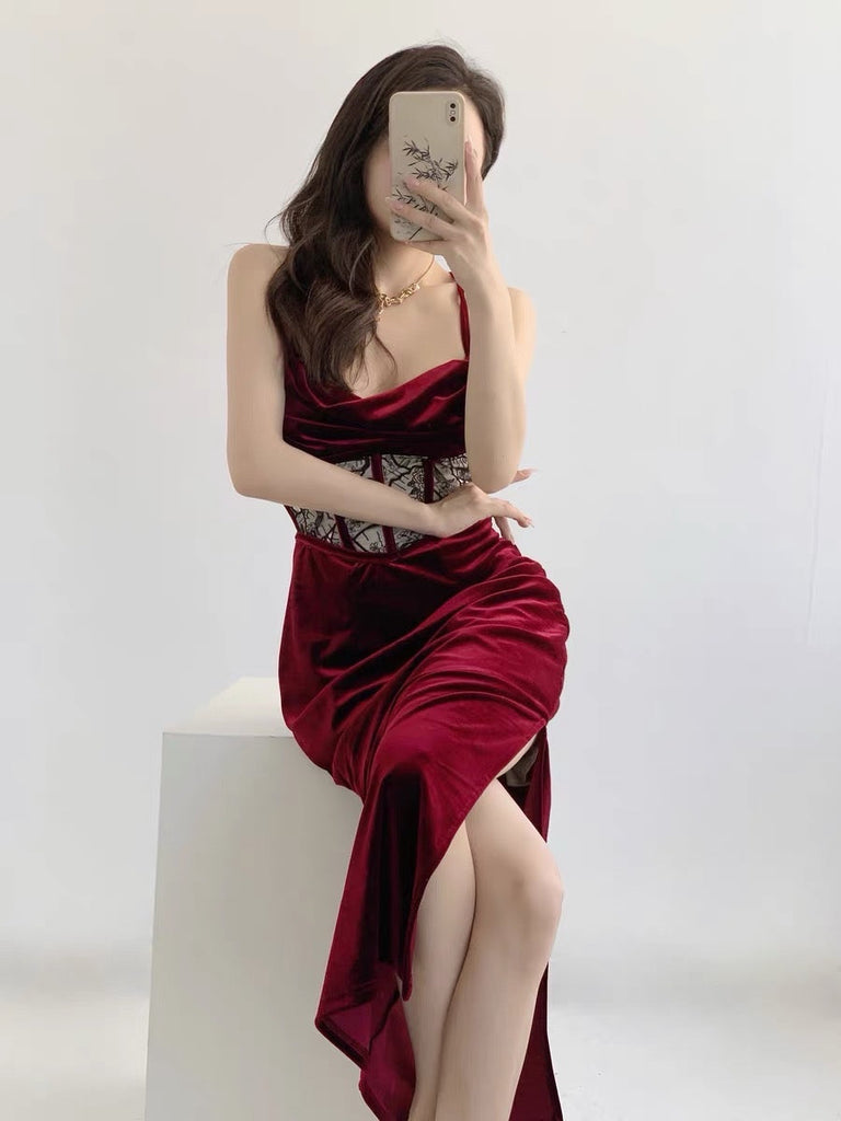 [Aguo Studio] Red Velvet Corset Gown - Premium Dress from Aguo Studio - Just $41! Shop now at Peiliee Shop
