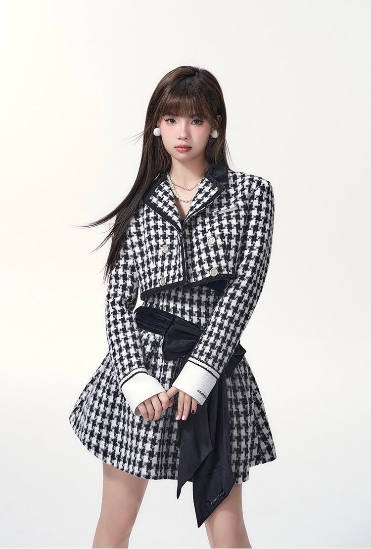 Get trendy with [Underpass] Monochrome Houndstooth Bowtie Jacket & Skirt Set -  available at Peiliee Shop. Grab yours for $69 today!