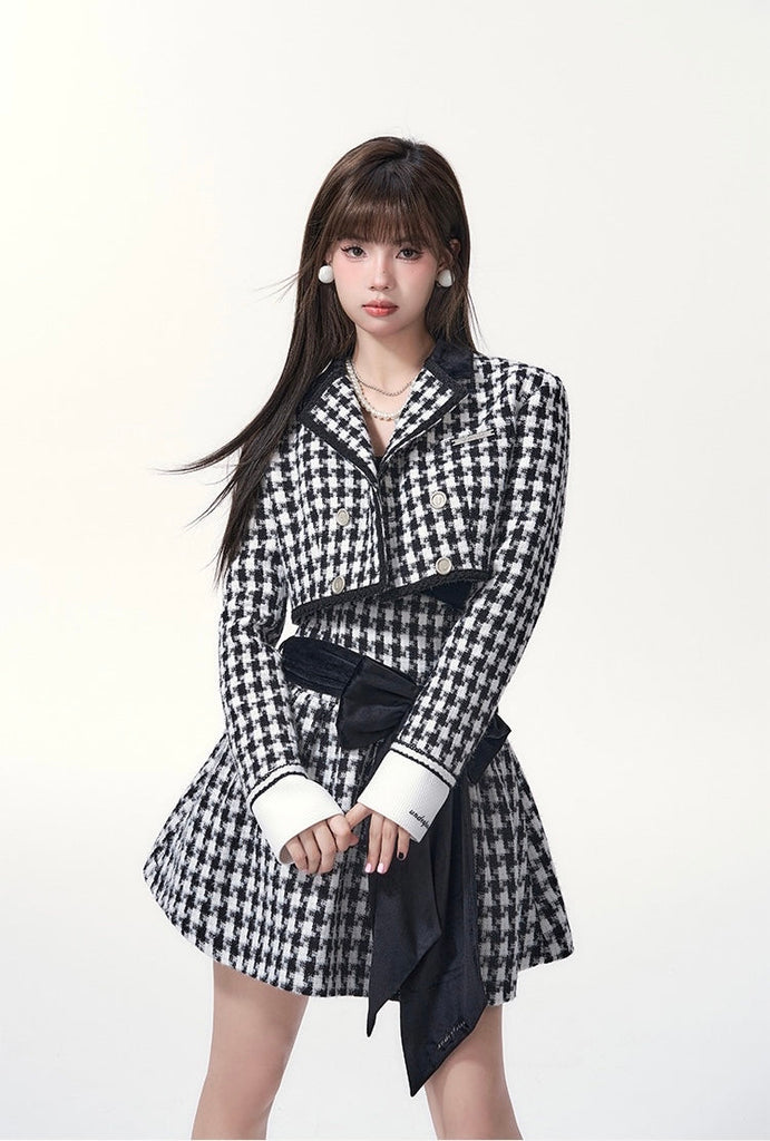 Get trendy with [Underpass] Monochrome Houndstooth Bowtie Jacket & Skirt Set -  available at Peiliee Shop. Grab yours for $55.50 today!