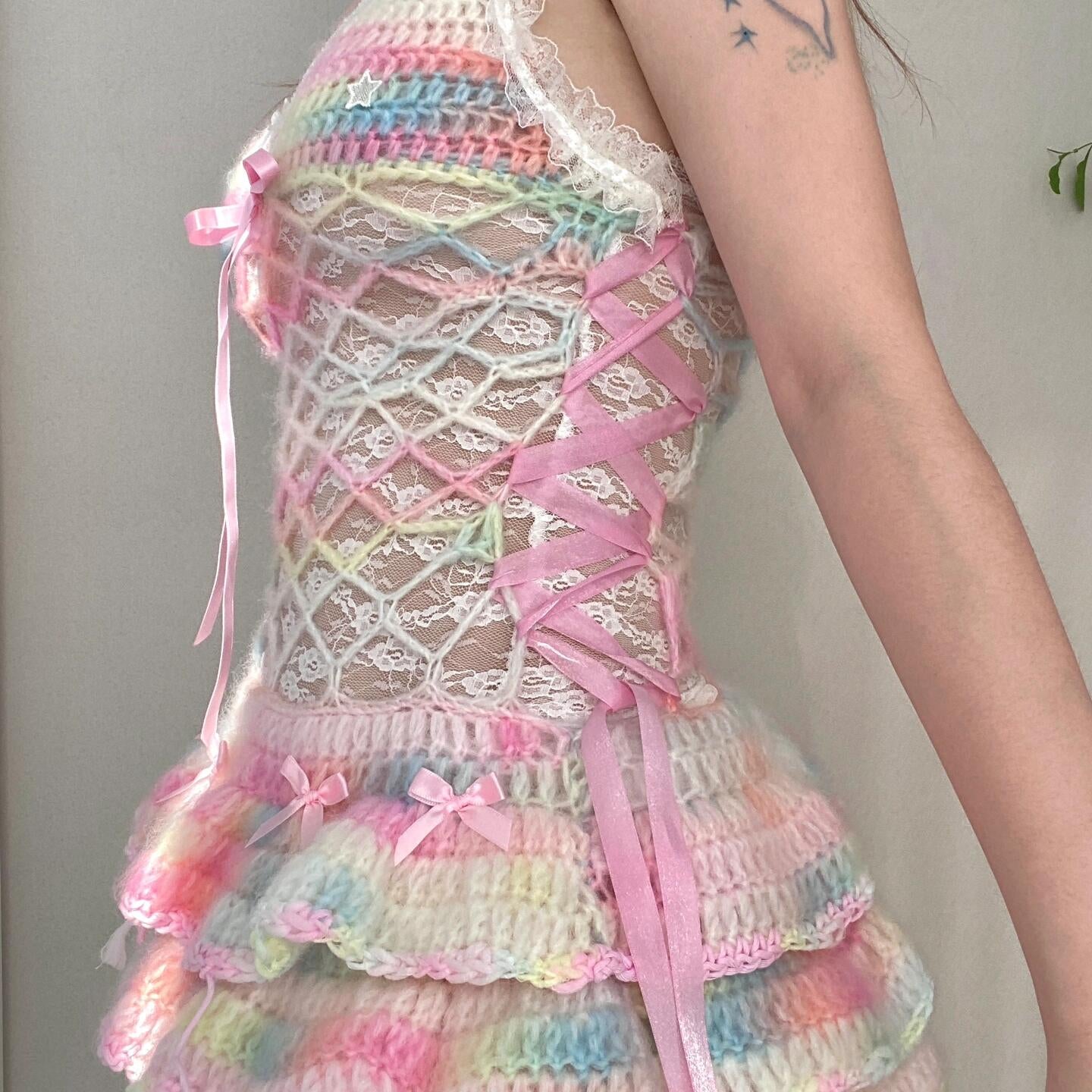 Get trendy with [Customized Hande Sewed] Rainbow Hearts Pastel Knitting Mini Dress -  available at Peiliee Shop. Grab yours for $16.80 today!