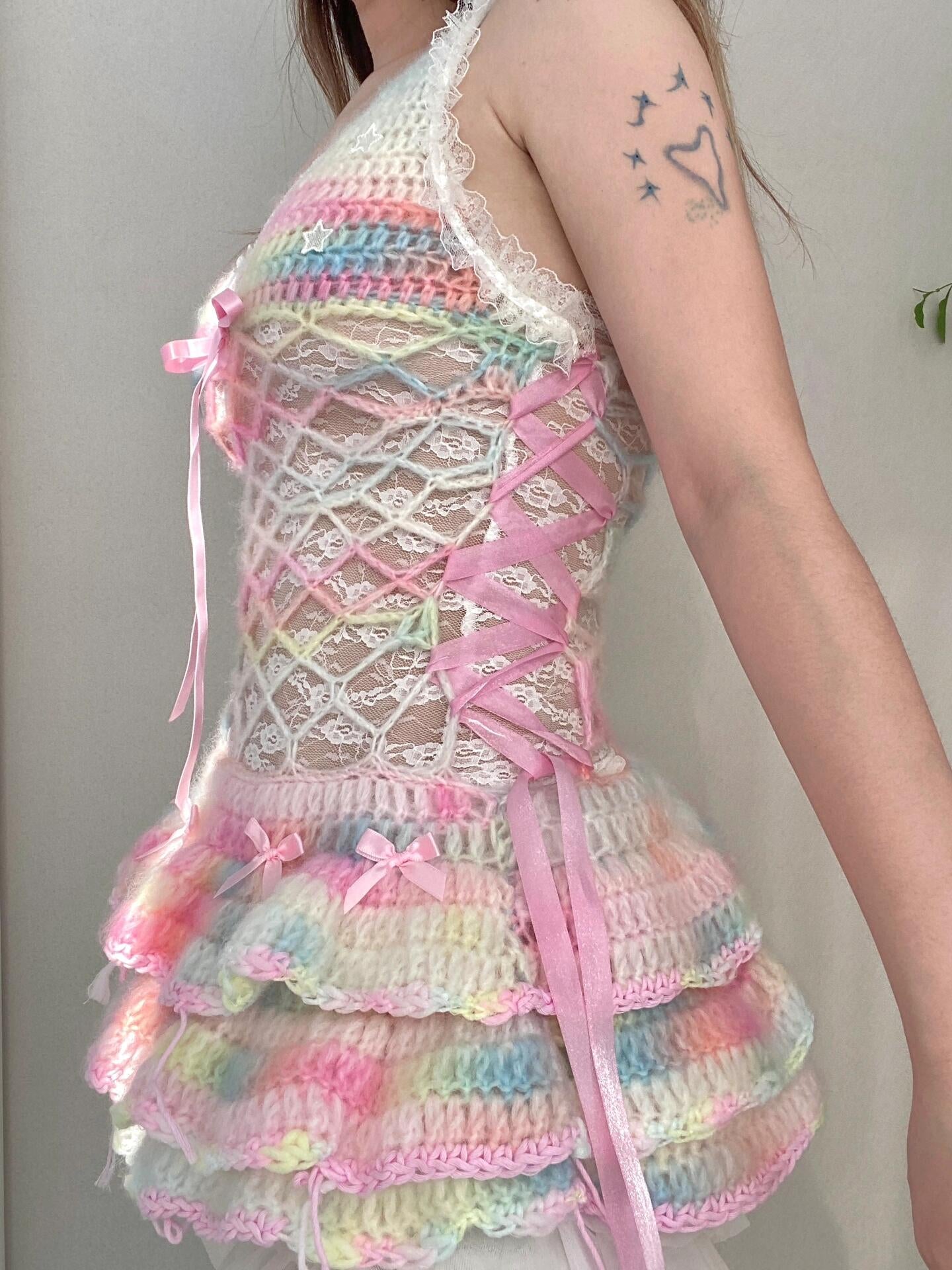 Get trendy with [Customized Hande Sewed] Rainbow Hearts Pastel Knitting Mini Dress -  available at Peiliee Shop. Grab yours for $16.80 today!