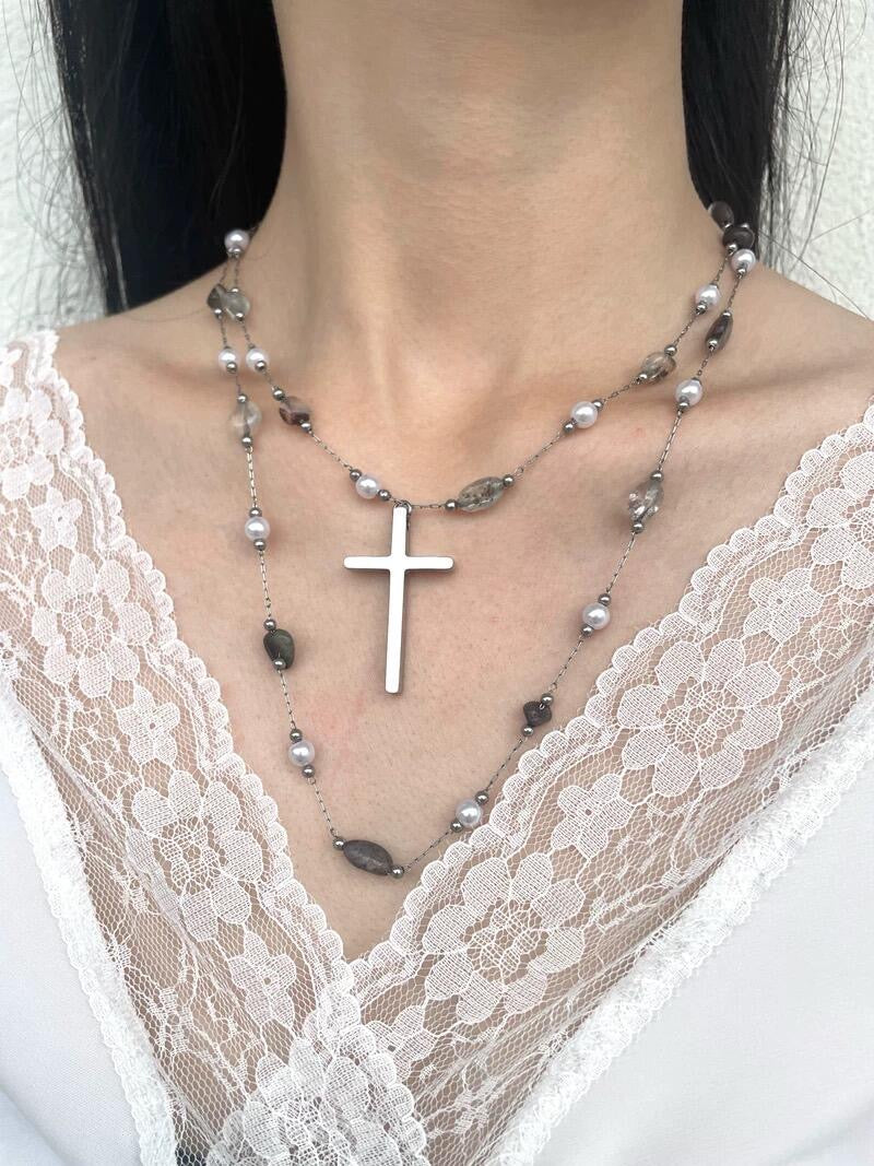 Get trendy with Gothic Doll Cross Glass Pearl Double Necklace -  available at Peiliee Shop. Grab yours for $19.80 today!