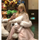 SheepKiss Winter Rose Soft Pink Princess Cape Faux Fur