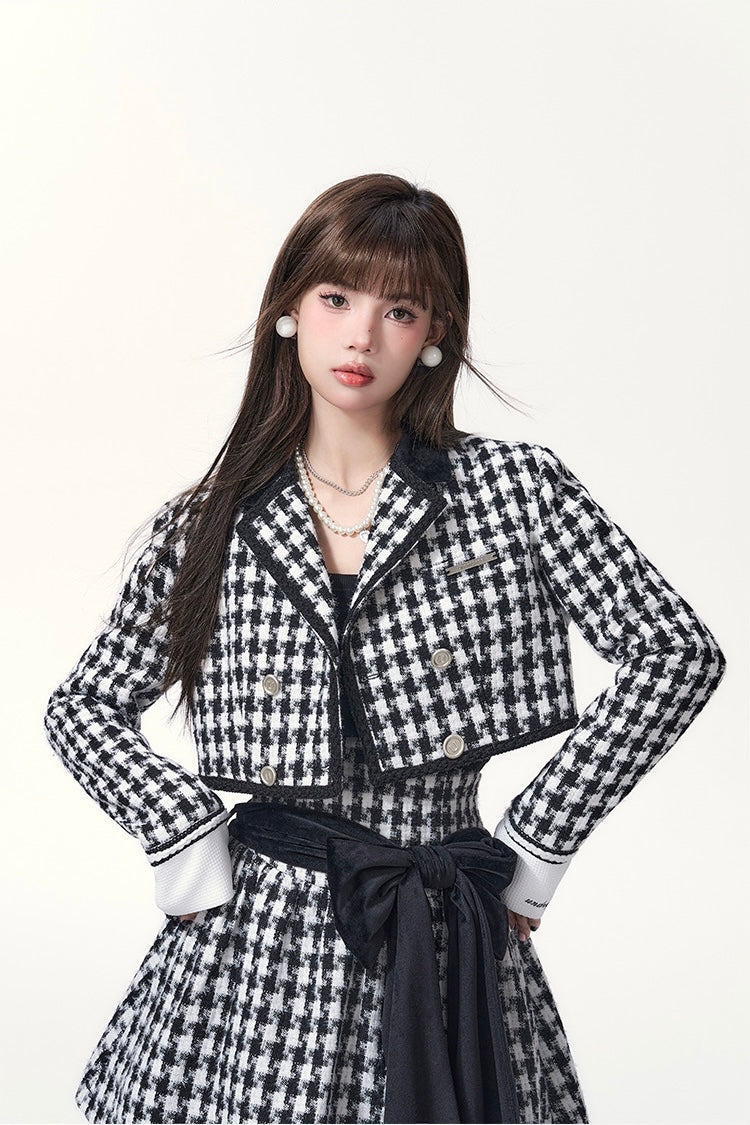 Get trendy with [Underpass] Monochrome Houndstooth Bowtie Jacket & Skirt Set -  available at Peiliee Shop. Grab yours for $69 today!