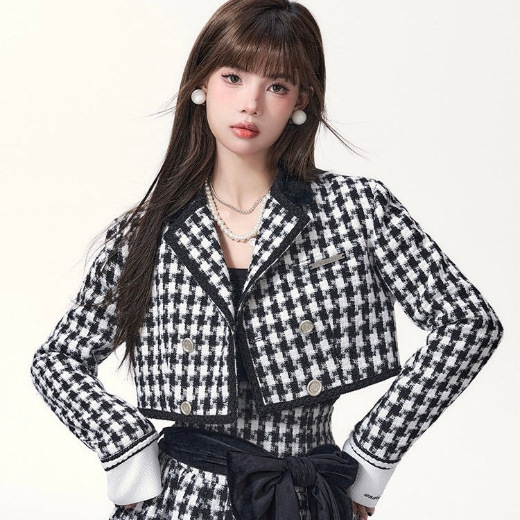 Get trendy with [Underpass] Monochrome Houndstooth Bowtie Jacket & Skirt Set -  available at Peiliee Shop. Grab yours for $69 today!