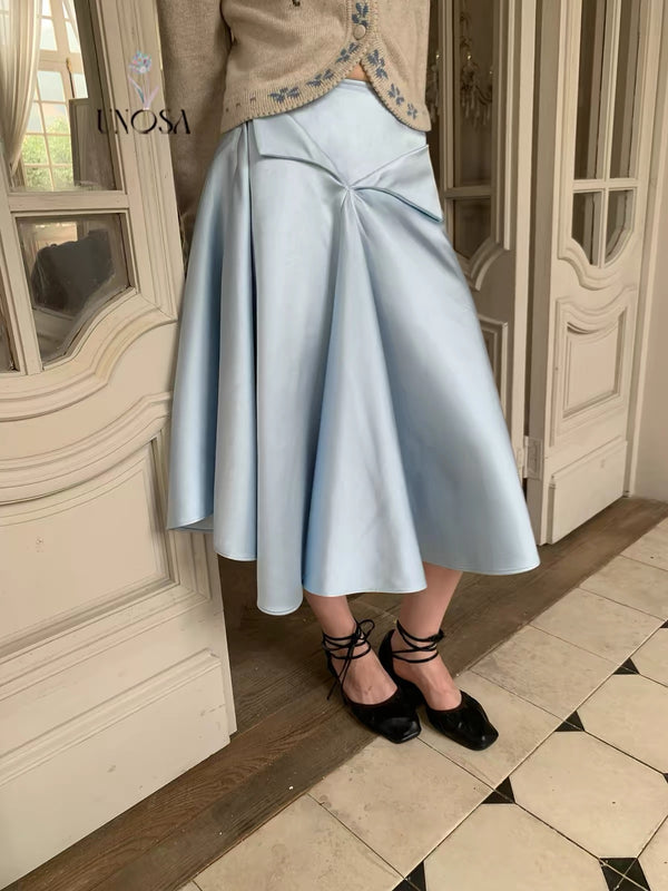 UNOSA Ice Blue Satin A-Line Skirt