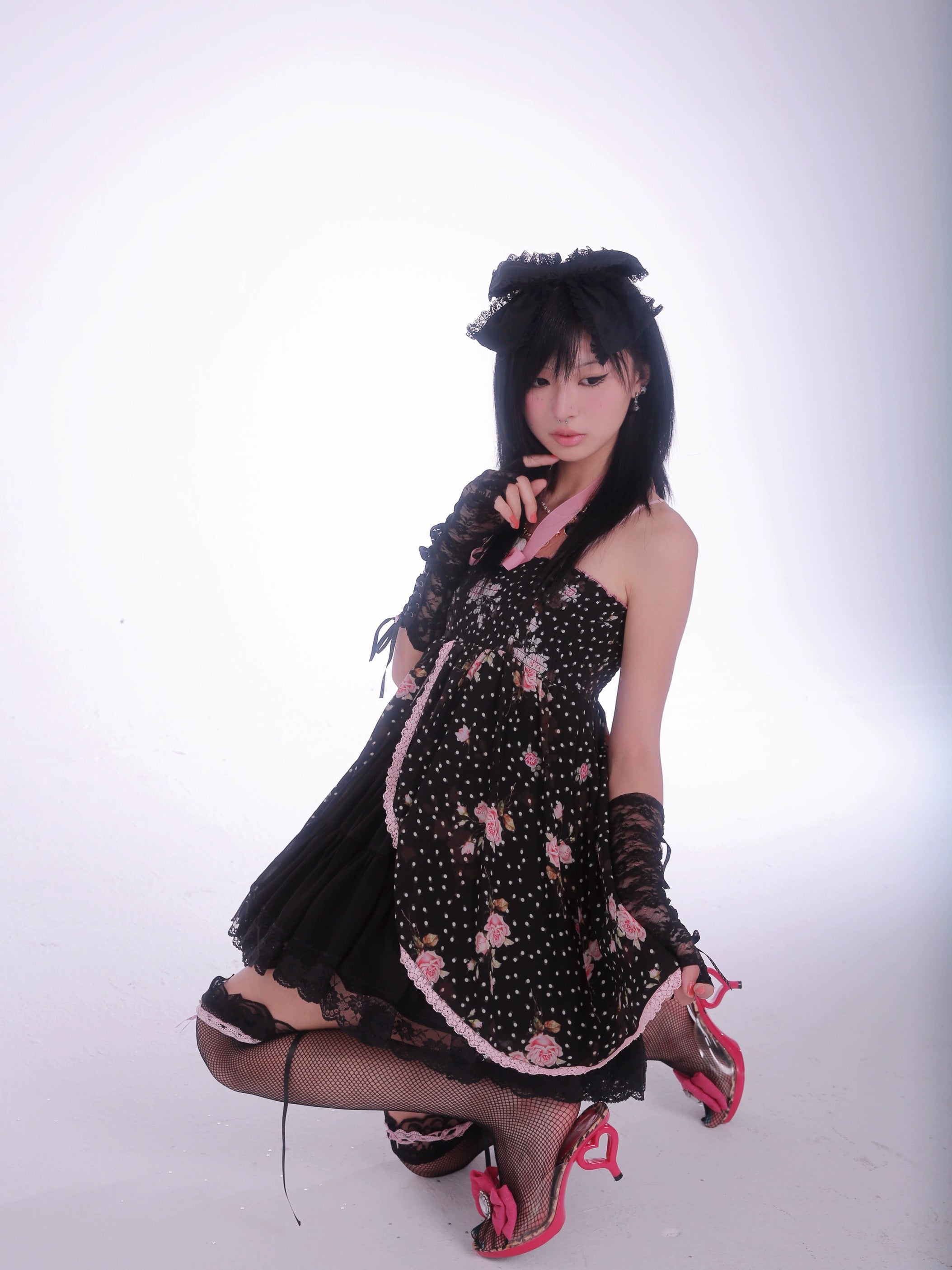 Get trendy with [Evil Tooth] Midnight Rose Gyaru Girl Floral Mini Dress - Shirts & Tops available at Peiliee Shop. Grab yours for $46 today!