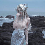 [Blood Supply] Silver Song Of Siren Mermaid Illusion Halter Maxi Dress