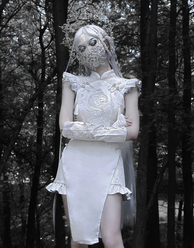 Get trendy with [Blood Supply] Silver Dragon With White Walker Qipao Style Mini Dress - Romper available at Peiliee Shop. Grab yours for $58 today!