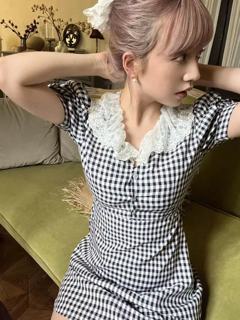 French Doll Gingham Vintage Mini Dress - Premium Dresses from Rose Candy - Just $34.80! Shop now at Peiliee Shop