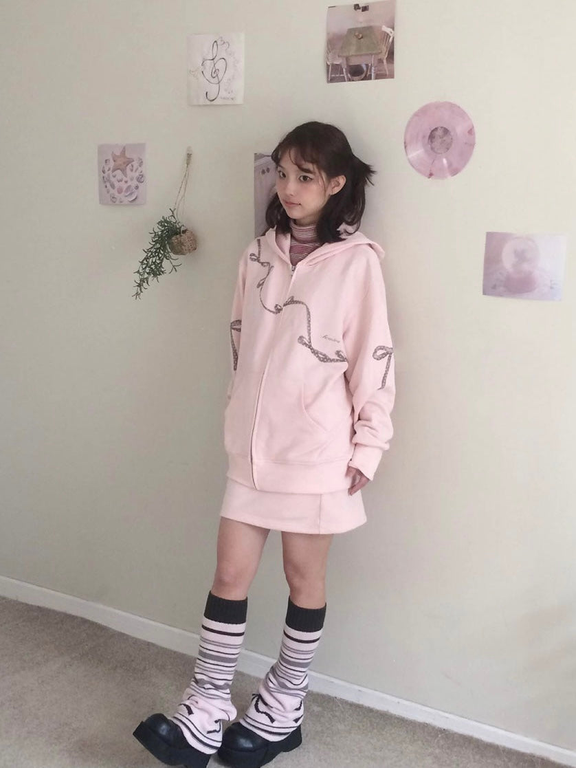 Get trendy with Sic Astra Soft Baby Pink Ribbon Hoodie Skirt Set - Accessories available at Peiliee Shop. Grab yours for $38 today!