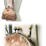 Rose Island Deer collection fawn pattern print faux fur handbag detailed look at metal parts 