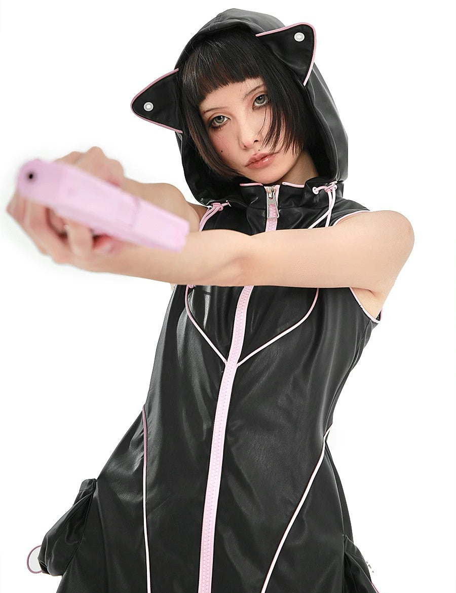 Person wearing a black and pink pu leather dress with cat ear outfit in gothic cyber style, holding a pink object for halloween