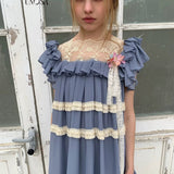 [Pre-order 15% At Checkout] UNOSA Butterfly Moon Blue Chiffon Lace Trim Dress