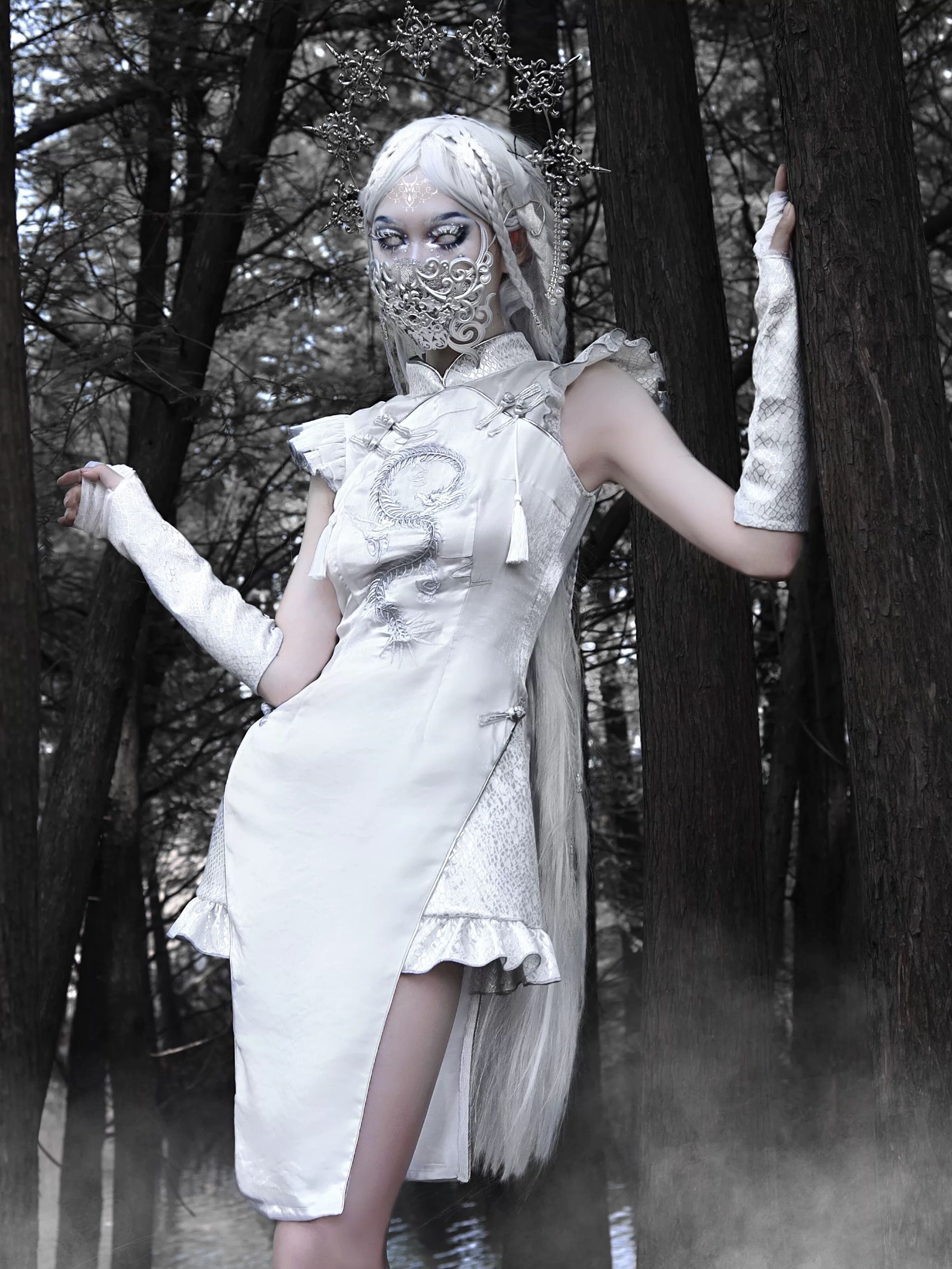 Get trendy with [Blood Supply] Silver Dragon With White Walker Qipao Style Mini Dress - Romper available at Peiliee Shop. Grab yours for $58 today!